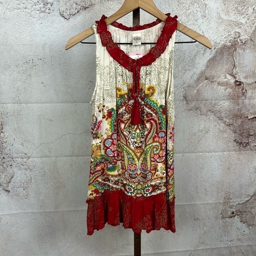 NWT BILA boho ruffled hem tank top size S hippie paisley tassel tie folk shirt ! - Picture 2 of 6